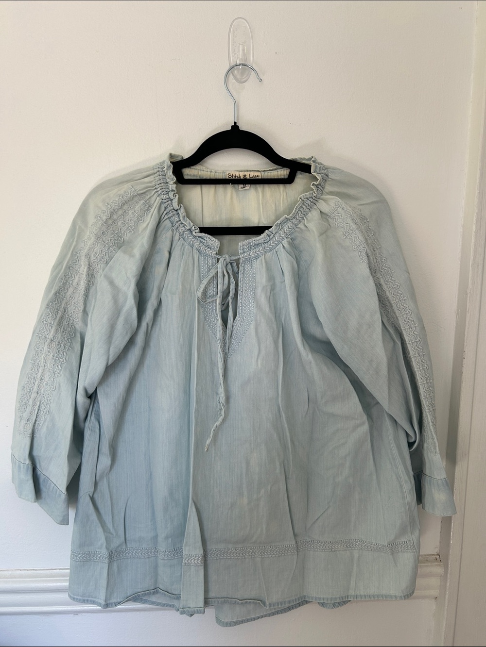 Soft Light Blue Boho Peasant Tunic with Tie Neck
